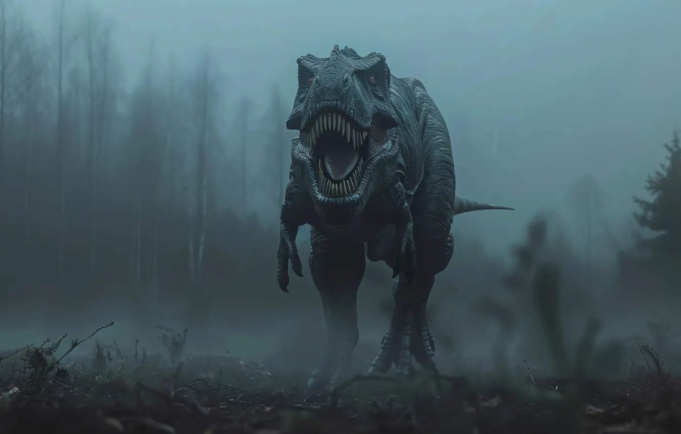Photo wallpaper face, trees, fog, animal, dinosaur, predator, teeth, grin