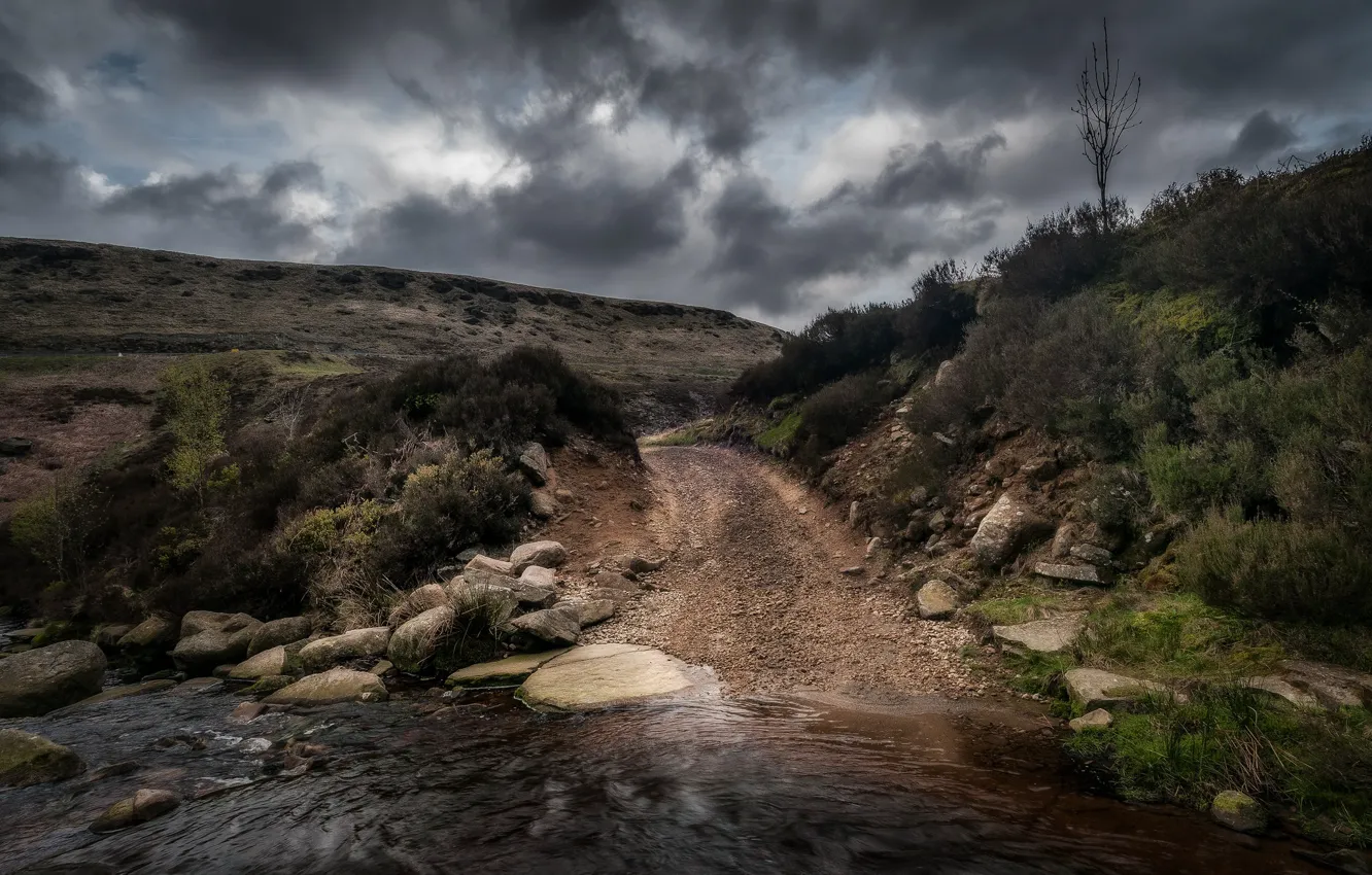 Photo wallpaper road, stones, England, river