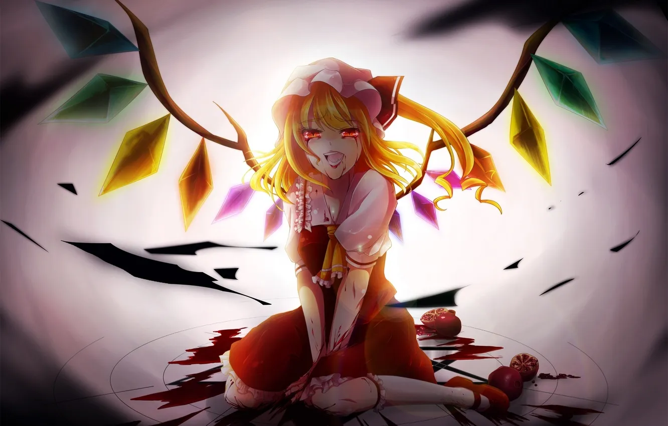 Photo wallpaper girl, blood, wings, art, fangs, crystals, fruit, cap
