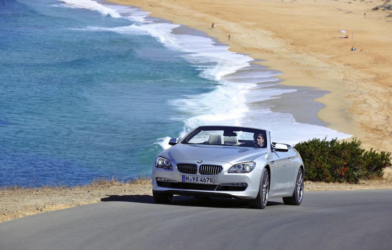 Photo wallpaper Sea, Auto, Road, BMW, Convertible, Grey, Coast, 6 Series