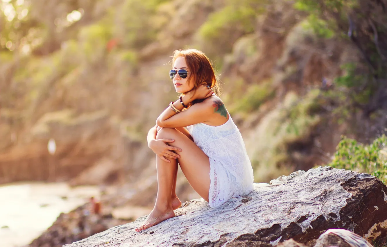 Photo wallpaper girl, glasses, tattoo, red