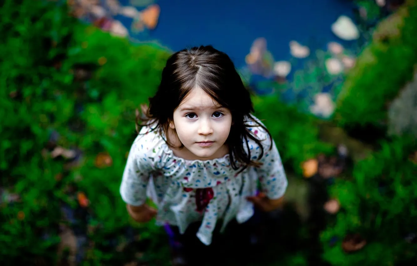 Photo wallpaper greens, look, nature, children, hair, blur, dress, girl