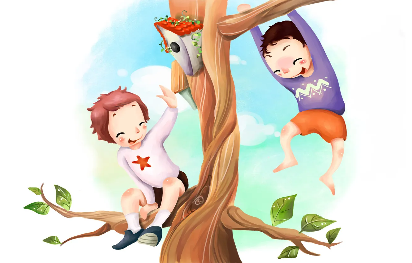 Photo wallpaper trees, branches, children, foliage, figure, birdhouse, fun