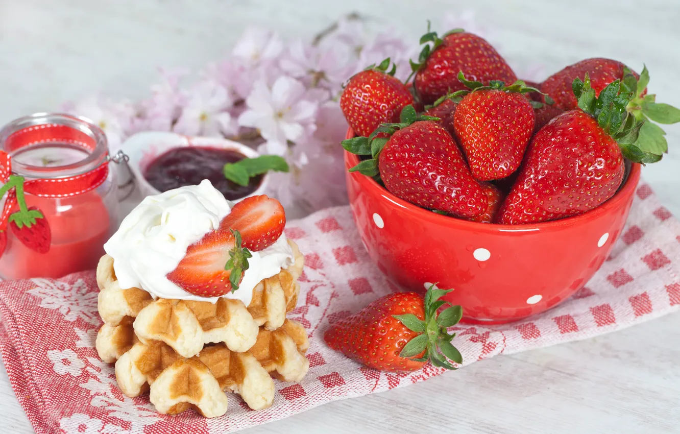 Photo wallpaper coffee, Breakfast, strawberry, cream, waffles, jam, strawberry, coffee