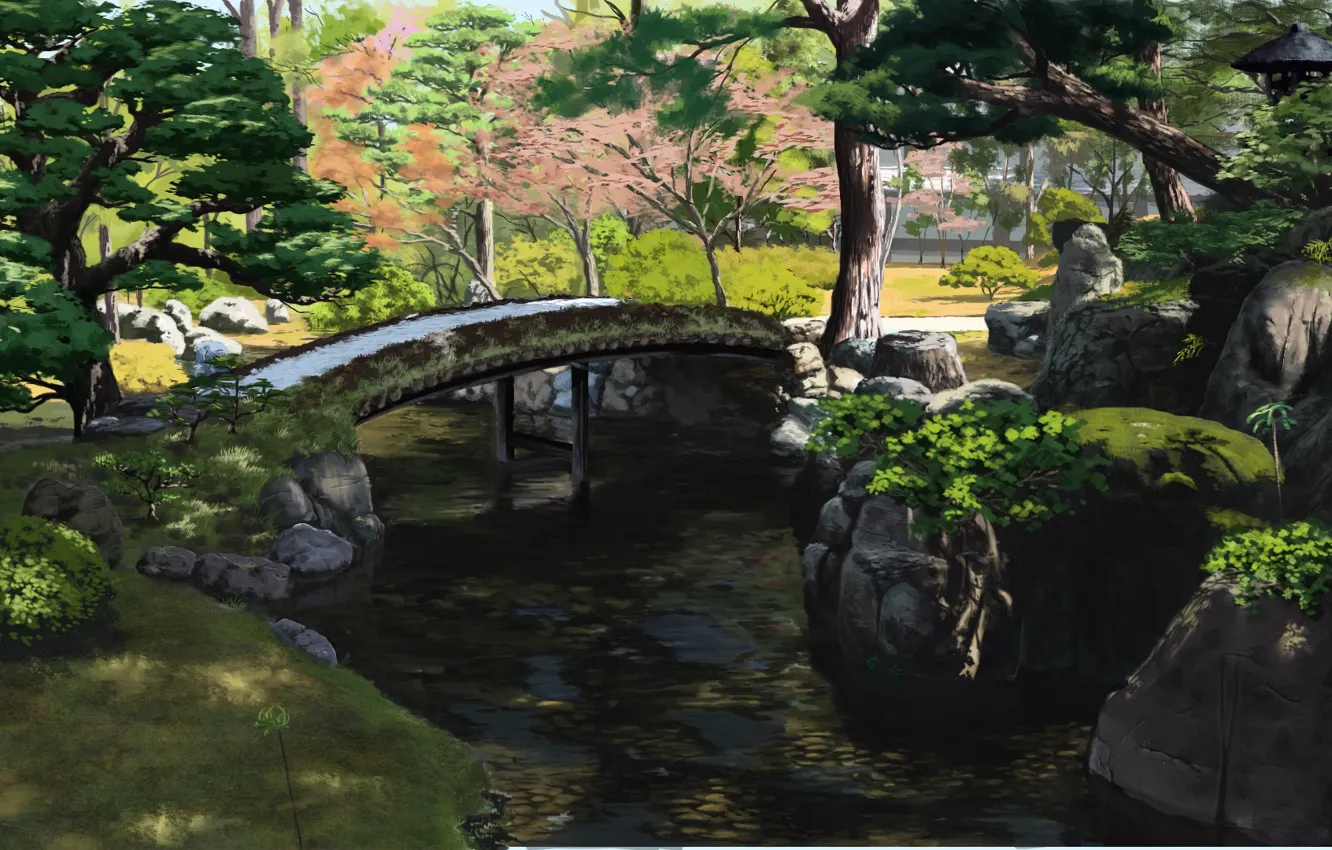 Photo wallpaper Park, stream, Japan, wooden bridge, green leaves, summer day, stones in water, by Sasaki112