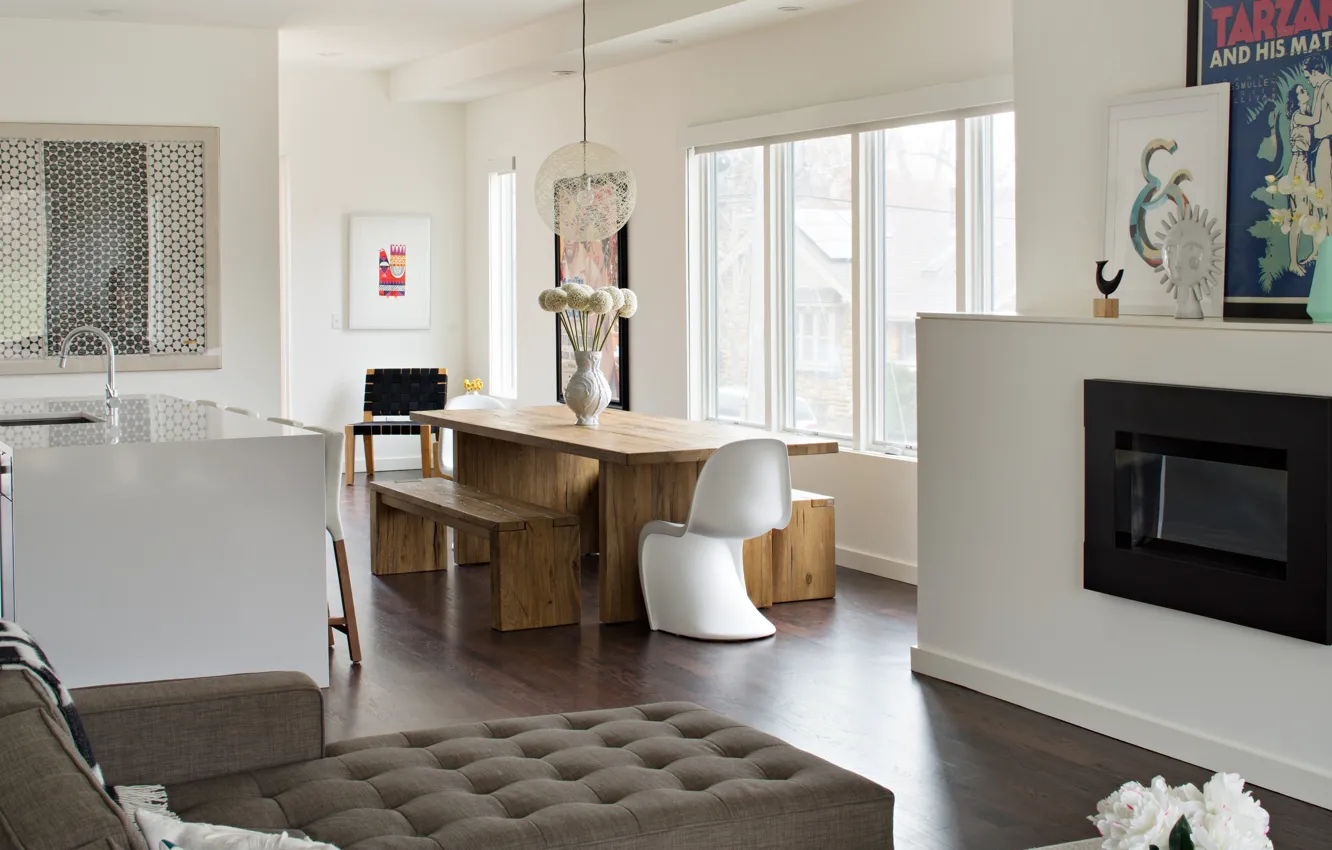 Photo wallpaper design, style, interior, kitchen, fireplace, USA, United States, living room