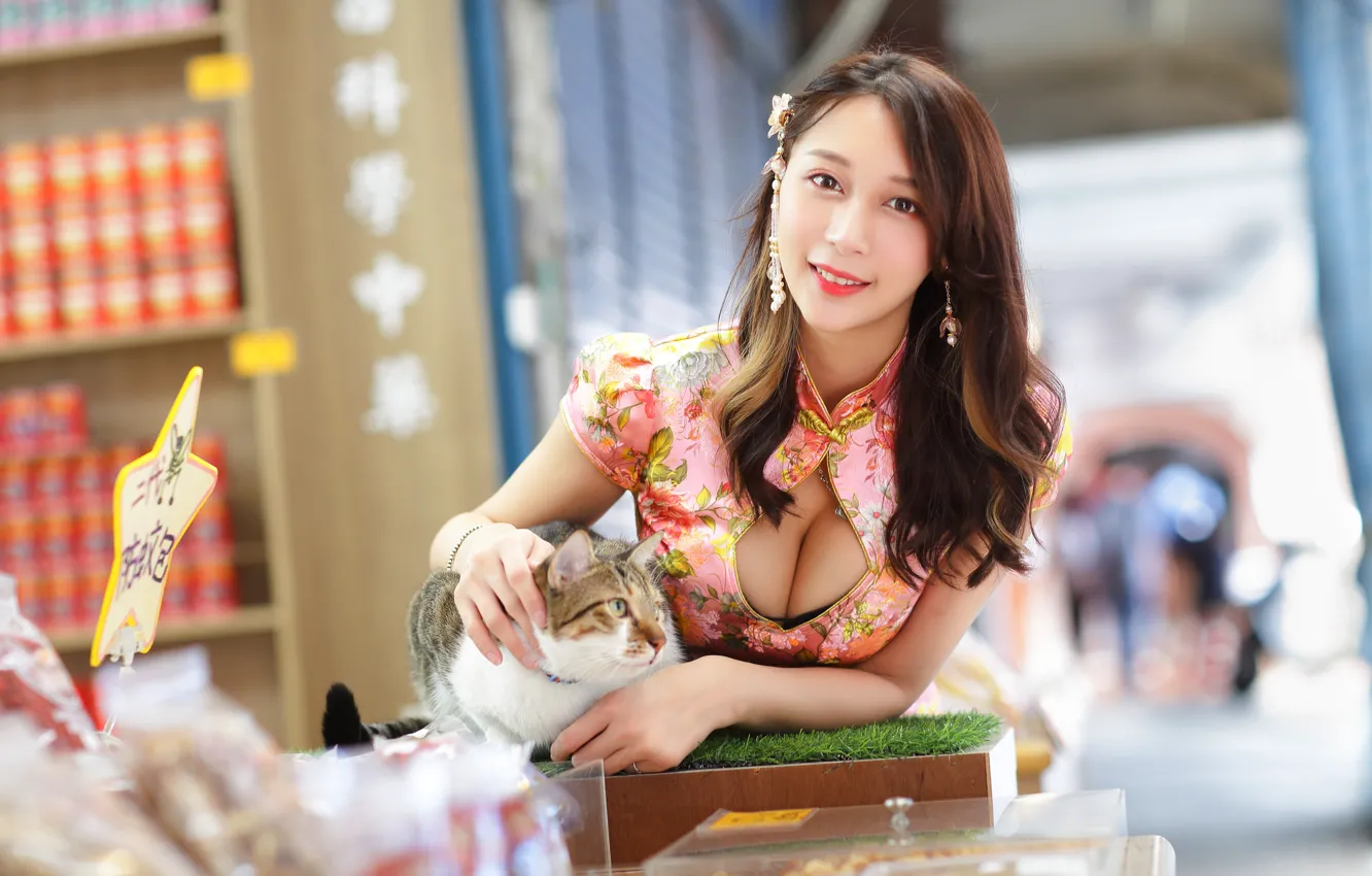 Photo wallpaper cat, look, girl, dress, neckline, Asian