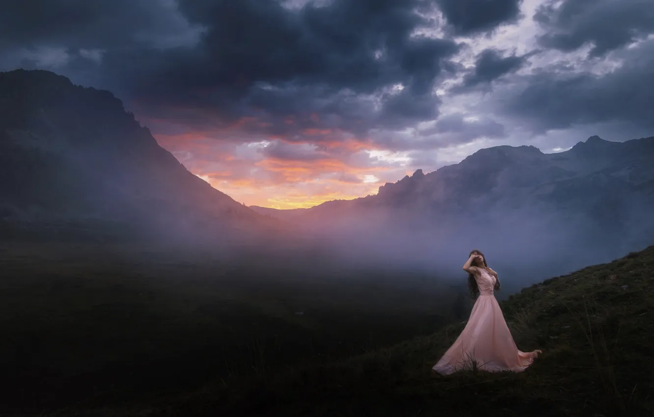 Photo wallpaper field, the sky, girl, clouds, sunset, mountains, clouds, nature