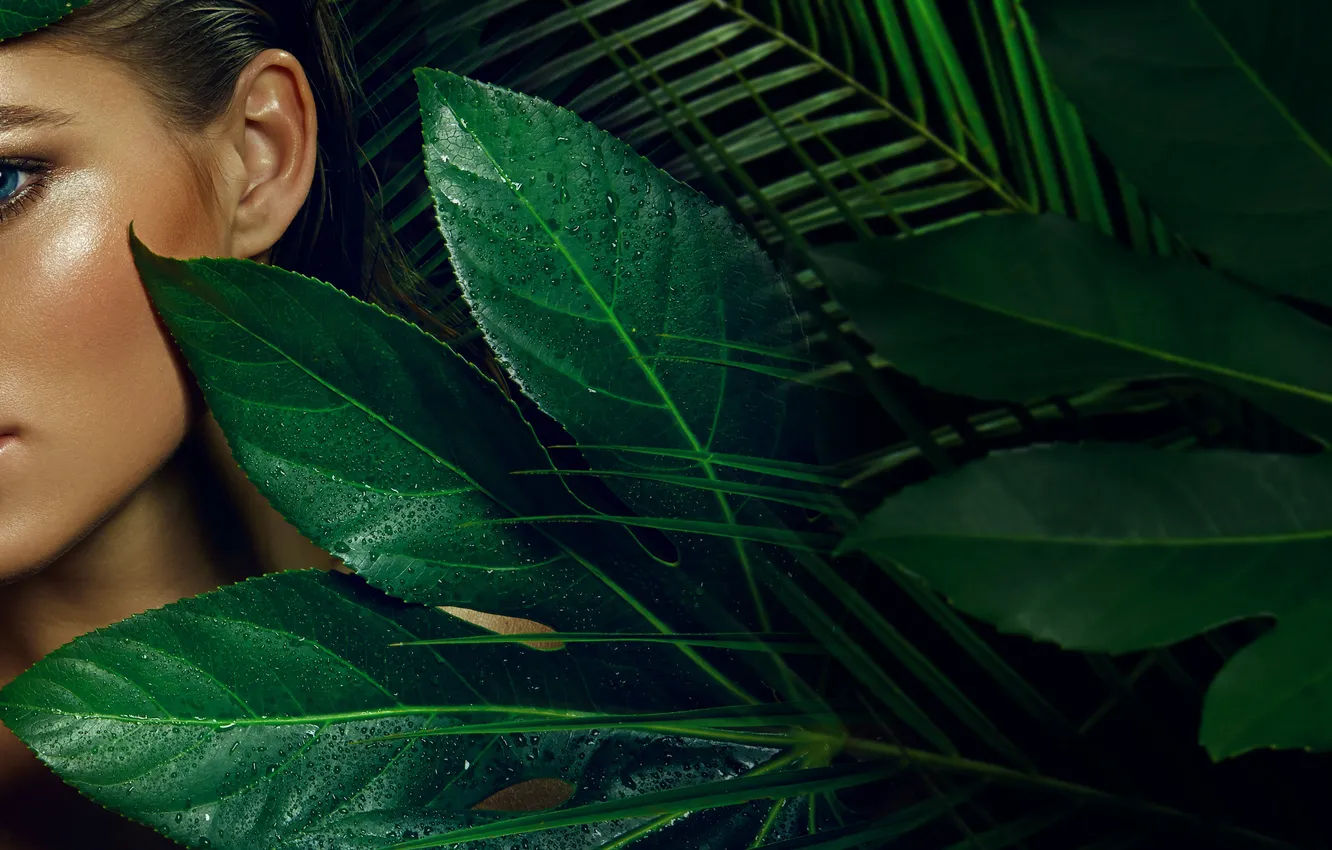 Photo wallpaper look, leaves, girl, tropics