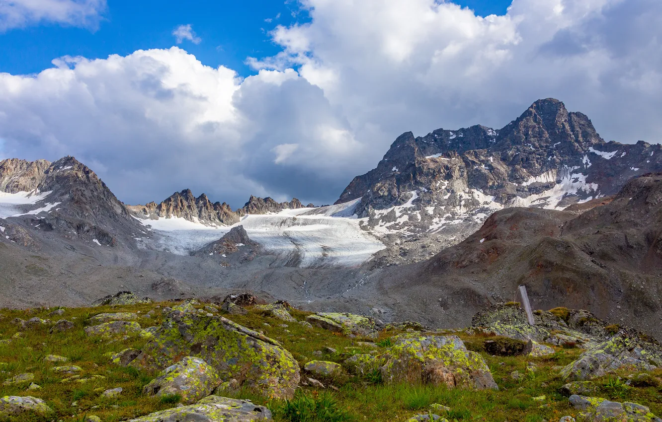 Photo wallpaper Clouds, Mountains, Switzerland, Rock, Alps, Stones, Landscape, Porchabella