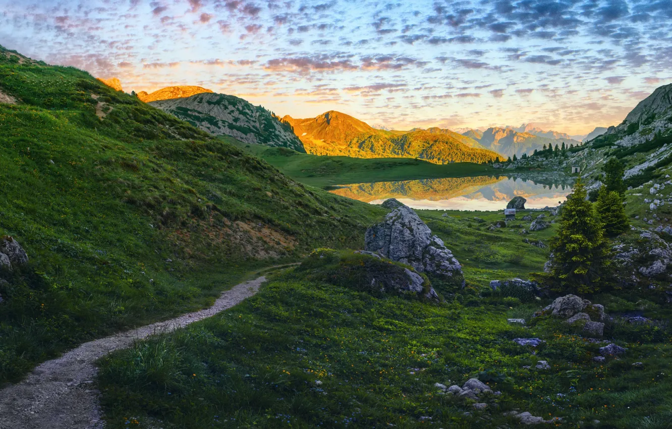 Photo wallpaper green, path, mountains, hills, stones