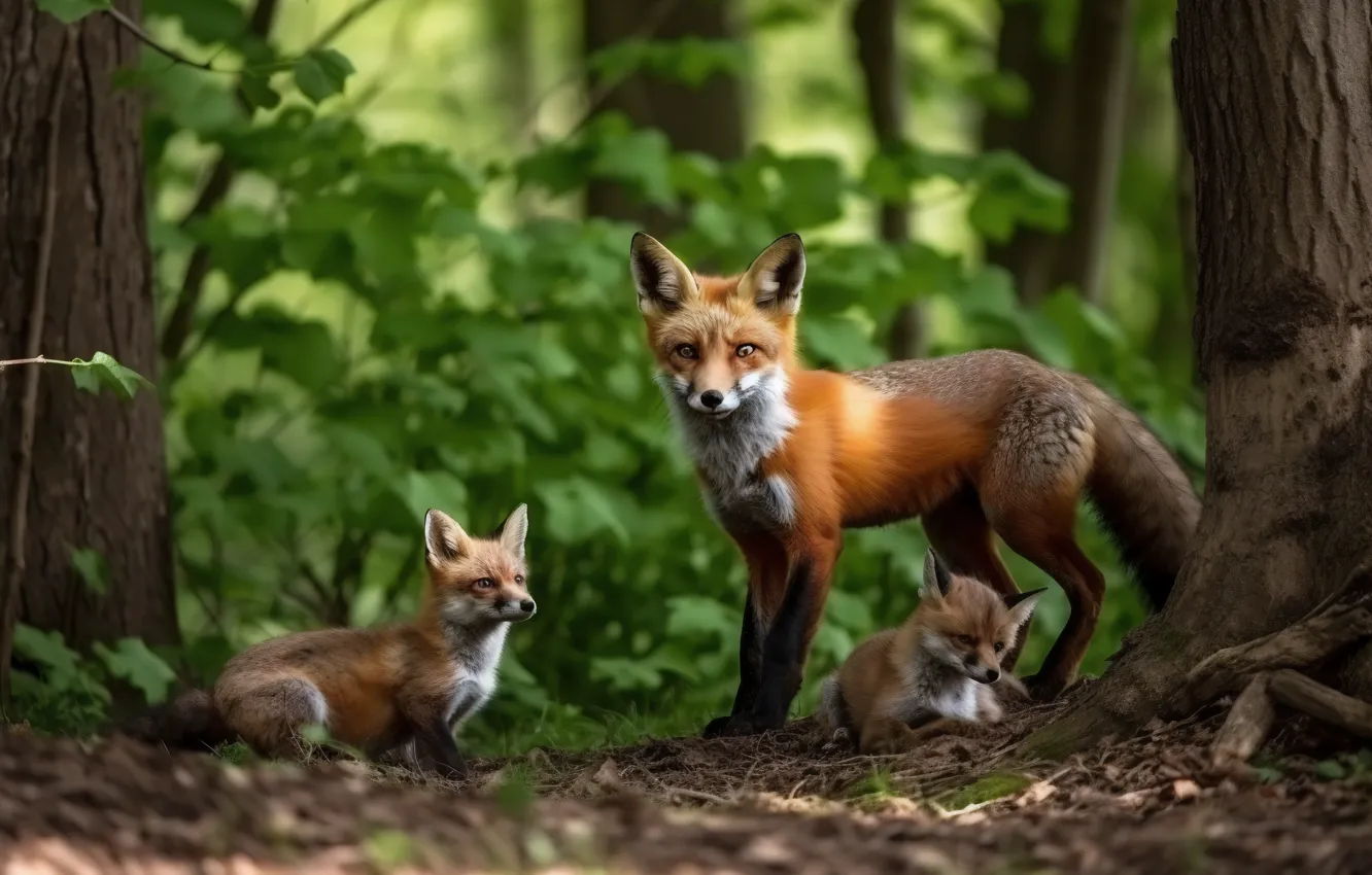 Photo wallpaper forest, Fox, Fox, cub, mom, Fox, digital art, AI art