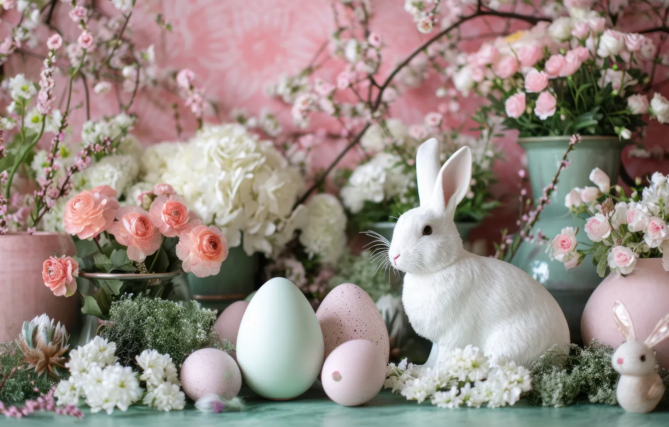 Photo wallpaper flowers, toy, eggs, rabbit, Easter, figurine, Bunny, figure