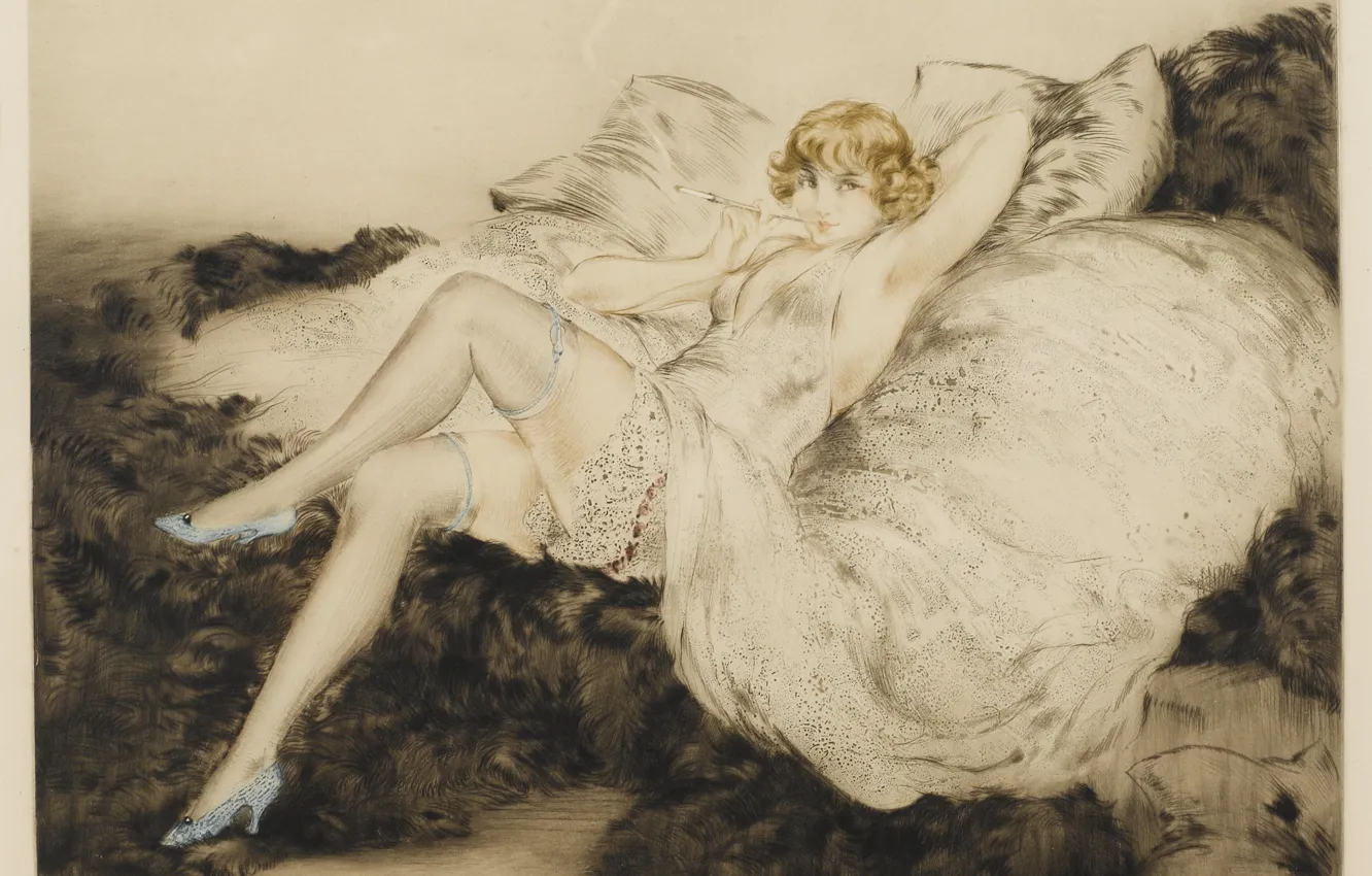 Photo wallpaper woman, stockings, shoes, smokes, 1925, Louis Icart, art Deco, etching and aquatint