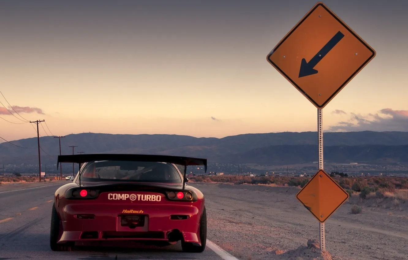 Photo wallpaper road, machine, sign, the evening, Mazda