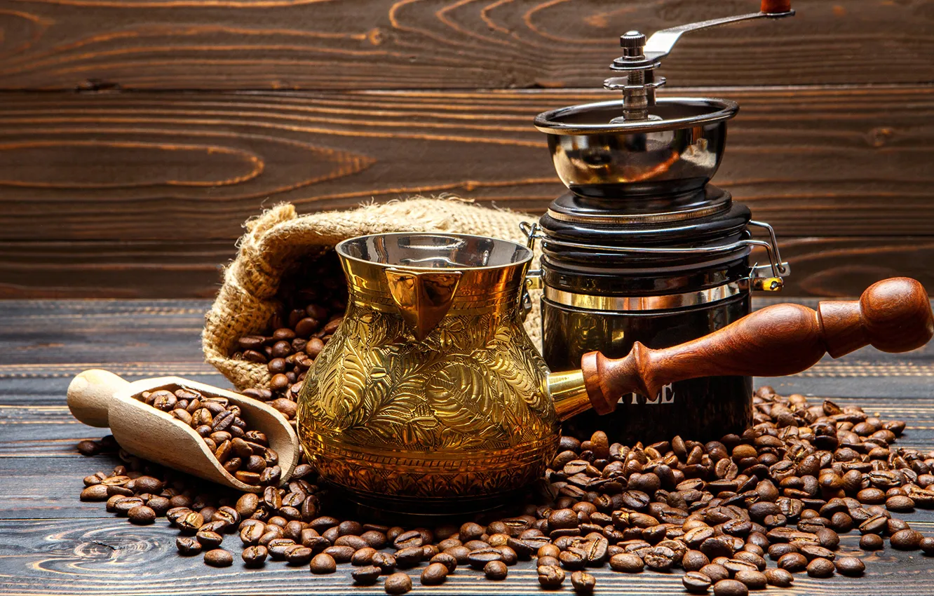 Photo wallpaper copper, coffee beans, pouch, Turk, coffee grinder, wooden boards, shovel