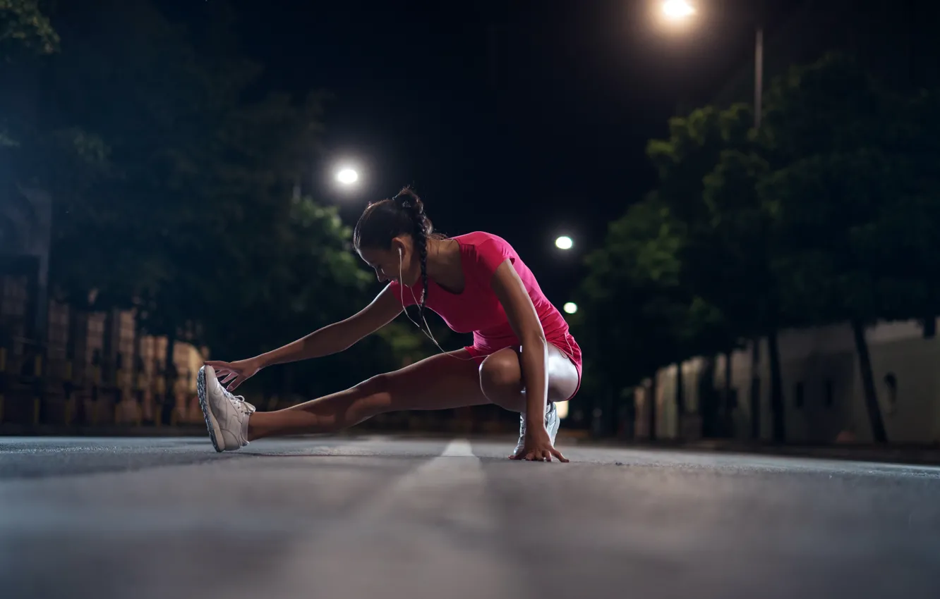 Photo wallpaper road, girl, trees, night, lights, street, shorts, home