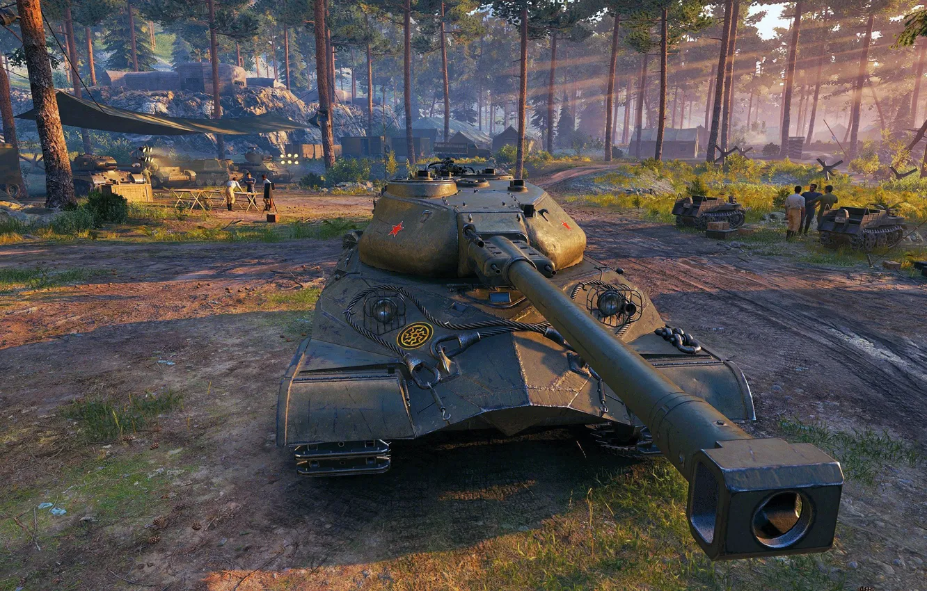 Photo wallpaper trees, dawn, tank, trunk, USSR, front, World of Tanks, World Of Tanks