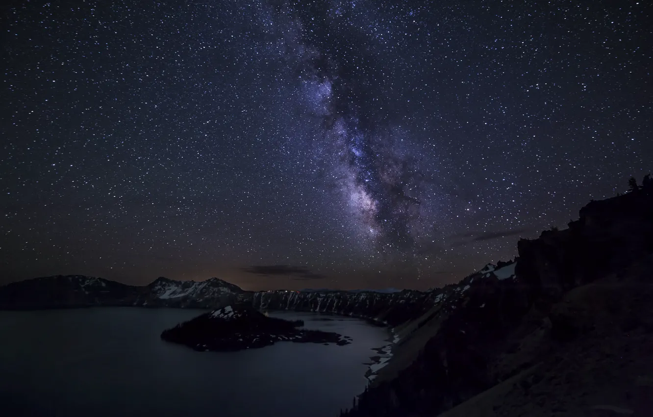 Photo wallpaper the sky, stars, landscape, lake, crater, the milky way