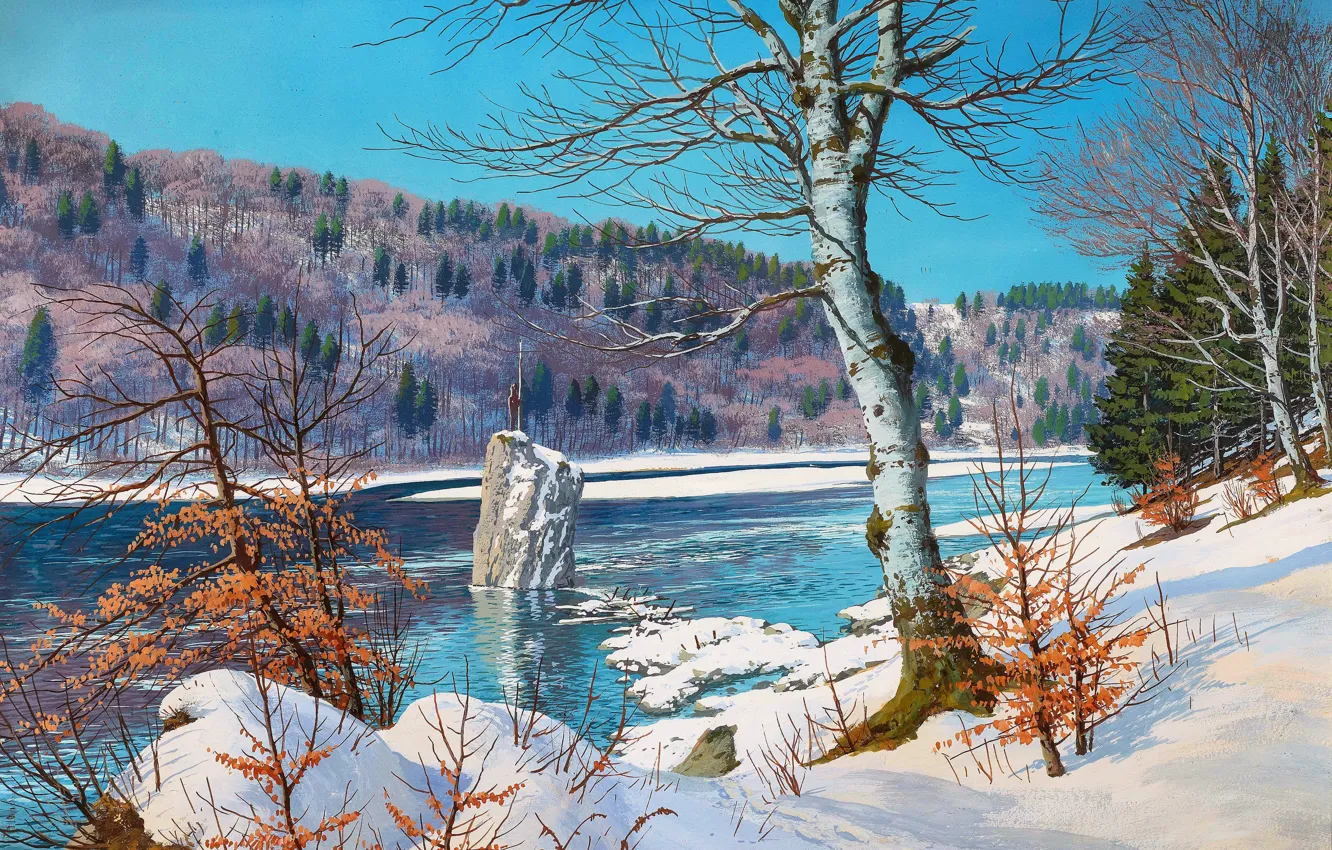 Photo wallpaper winter, snow, trees, river, the wind, picture, German artist, Windy Izar with Georgenstein