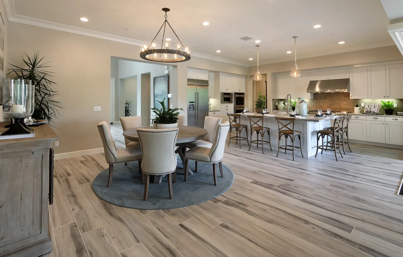 Photo wallpaper table, kitchen, chandelier, mansion