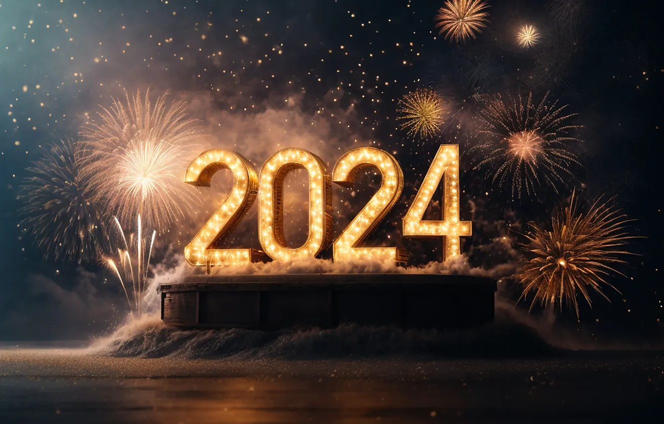 Photo wallpaper new year, salute, figures, golden, New Year, numbers, 2024, fieworks