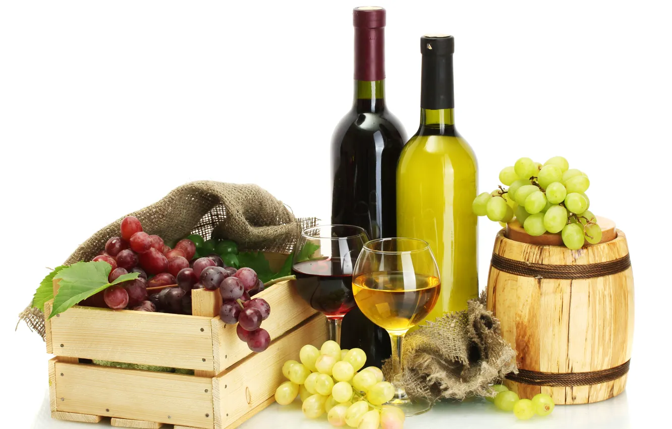 Photo wallpaper leaves, wine, red, white, glasses, grapes, bottle, box
