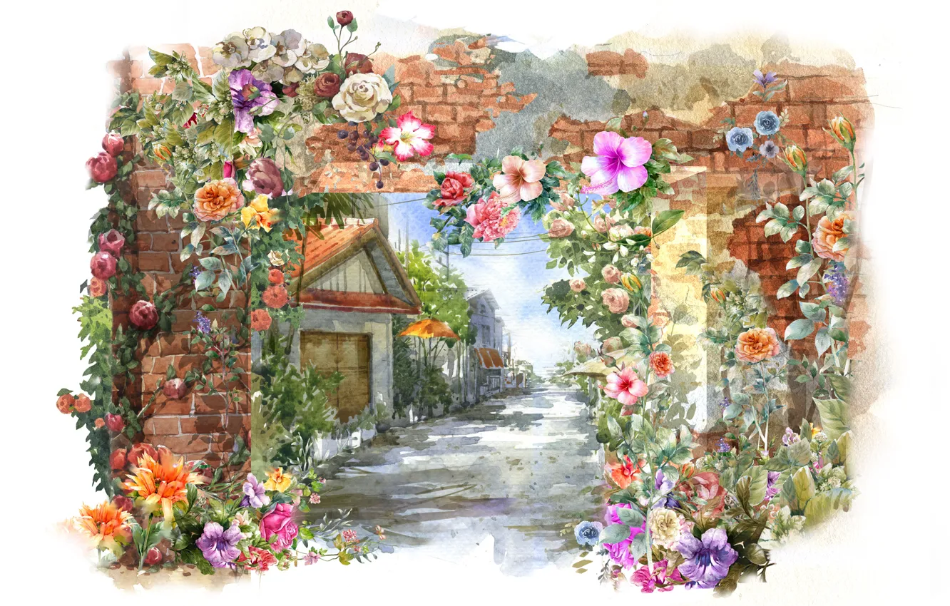 Photo wallpaper flowers, house, wall, spring, watercolor, painting