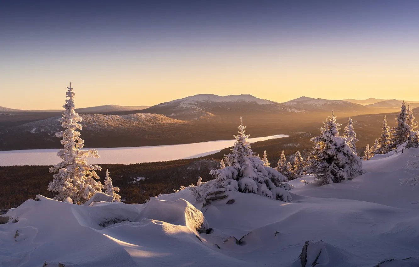 Photo wallpaper winter, frost, forest, the sky, light, snow, mountains, nature