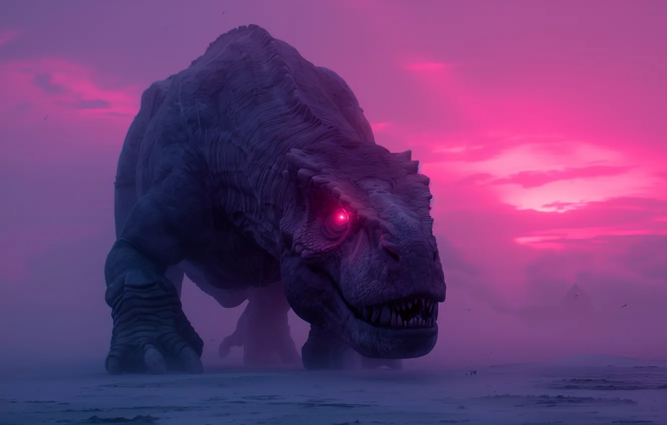 Photo wallpaper purple, glowing eyes, dinosaurs, AI Art
