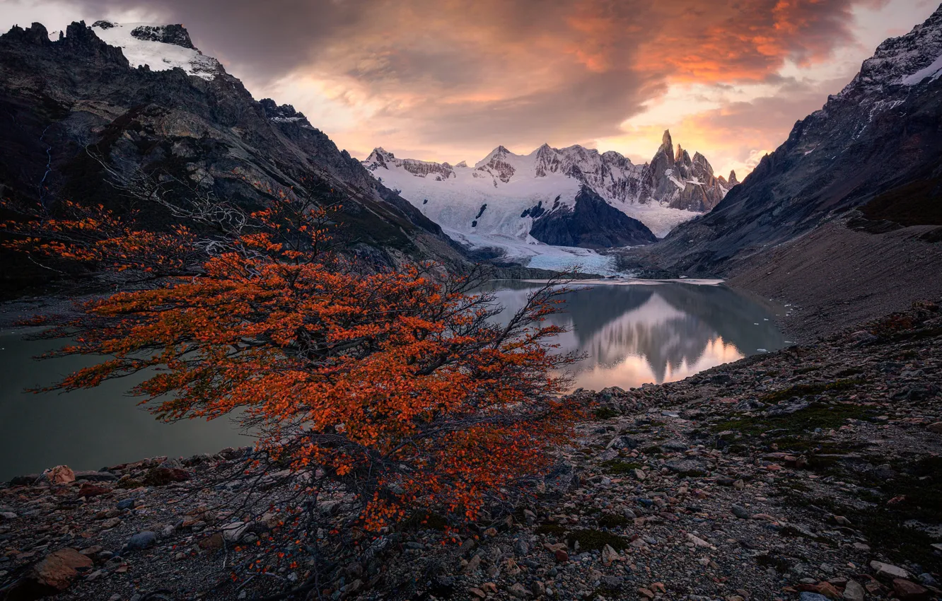Photo wallpaper autumn, clouds, snow, trees, sunset, mountains, pebbles, lake