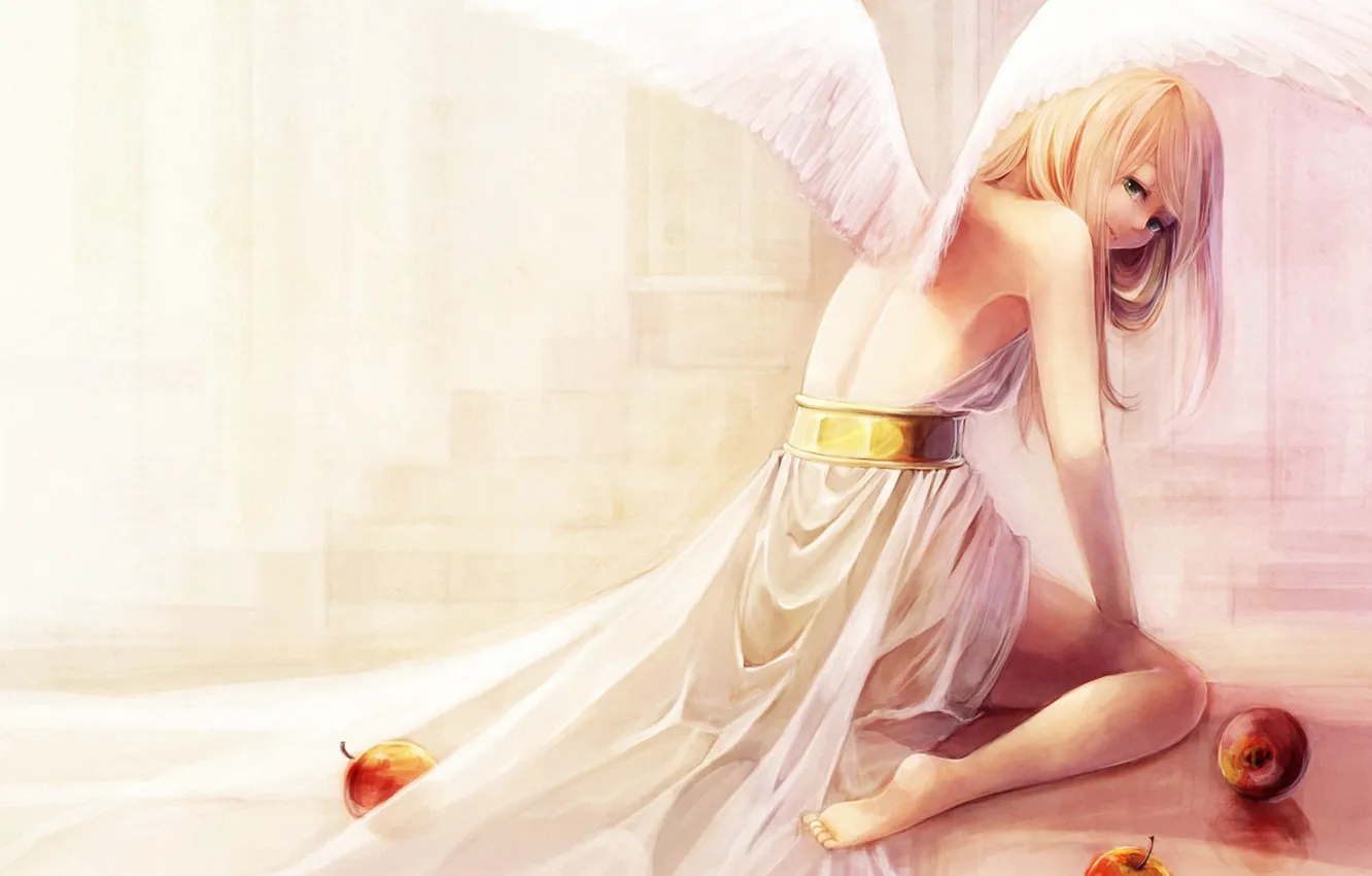 Photo wallpaper girl, apples, wings, angel, art, back, aka tonbo