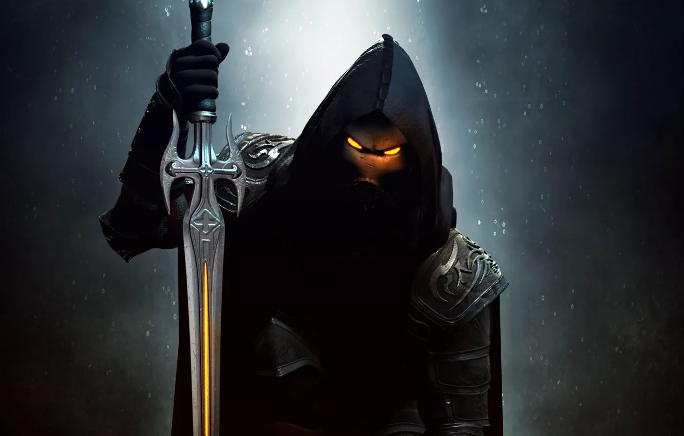 Photo wallpaper look, background, sword, mask, art, hood