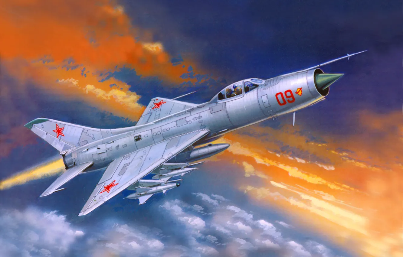 Photo wallpaper the sky, clouds, figure, art, the plane, fighter-interceptor, weatherproof, Soviet