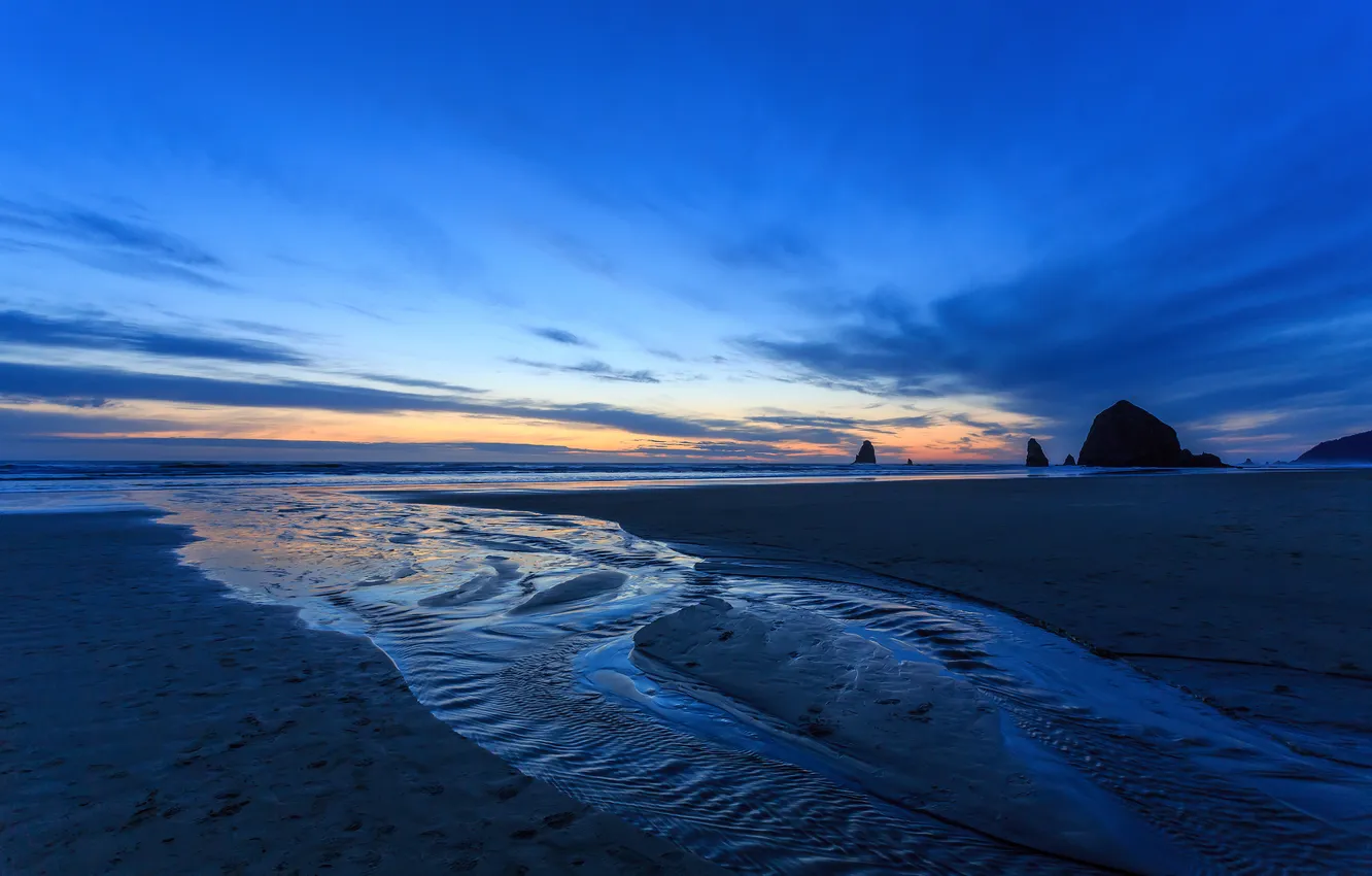 Photo wallpaper beach, the ocean, dawn, twilight, Oregon, Cannon Beach