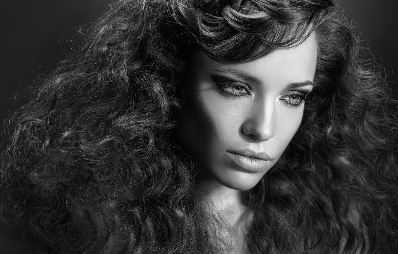 Photo wallpaper look, girl, portrait, black and white, curls