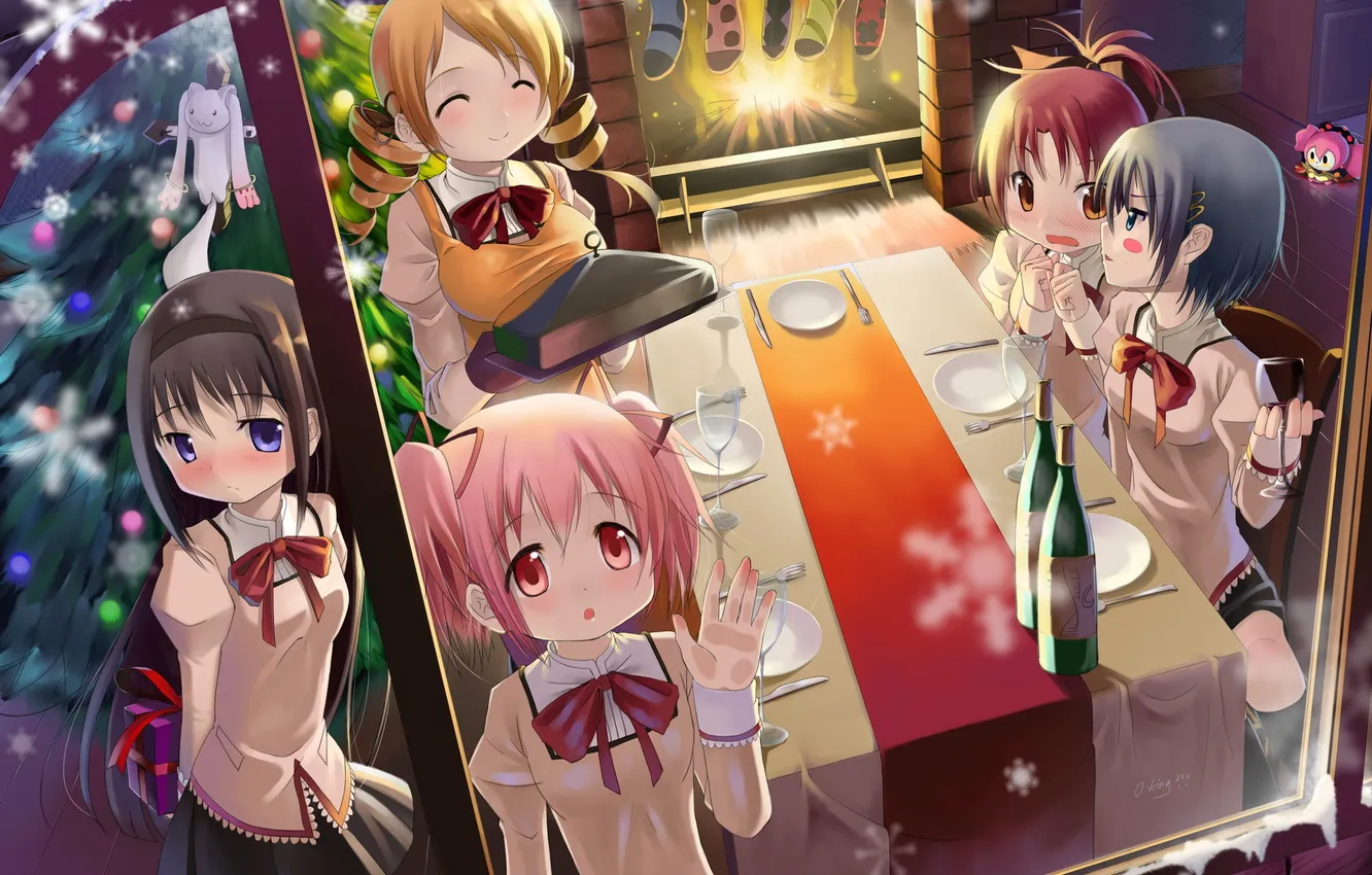 Photo wallpaper room, tree, new year, spruce, girl, socks, fireplace, mahou shoujo madoka magica