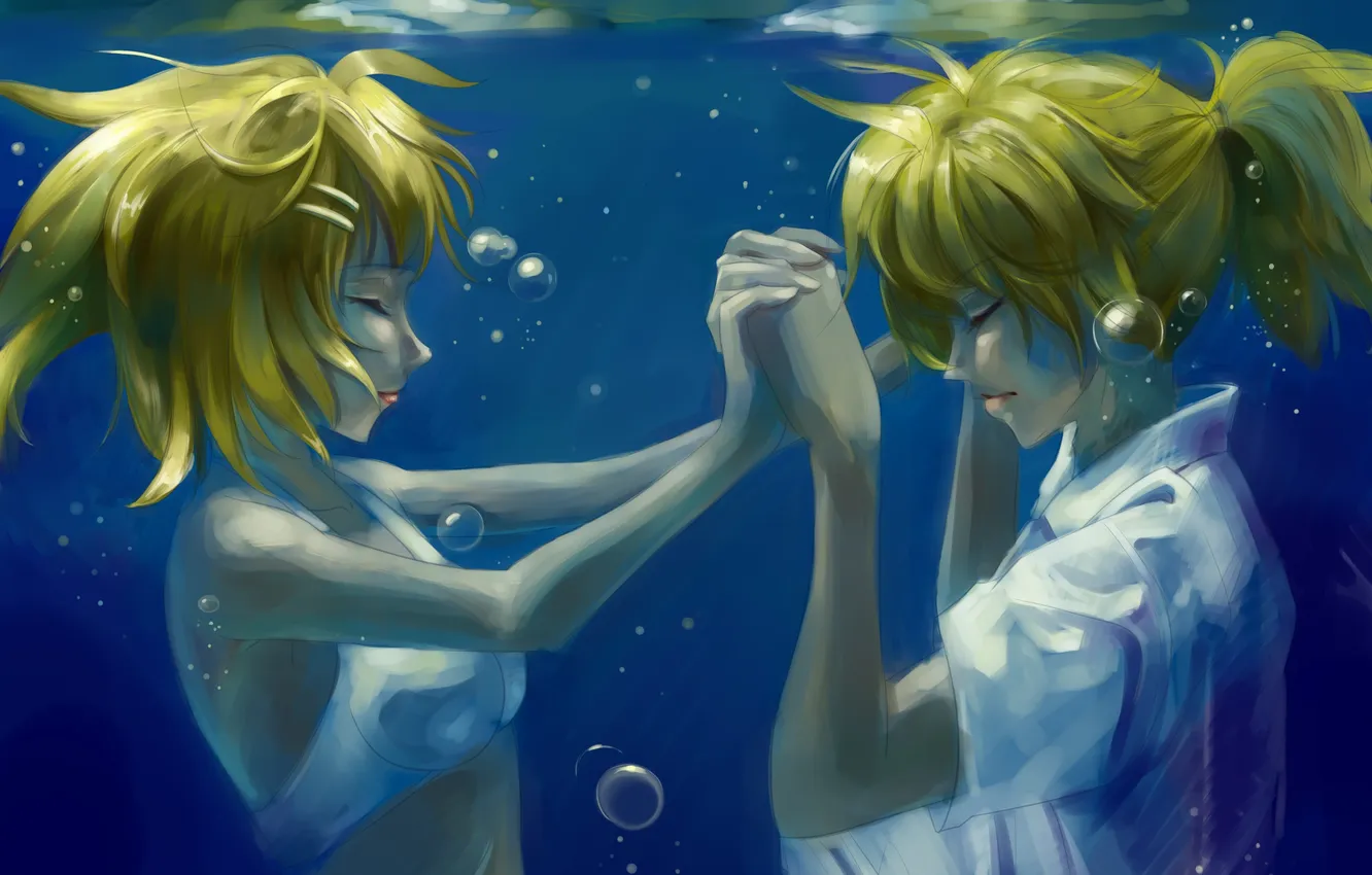 Photo wallpaper bubbles, bubbles, boy, girl, vocaloid, kagamine rin, under water, Vocaloid