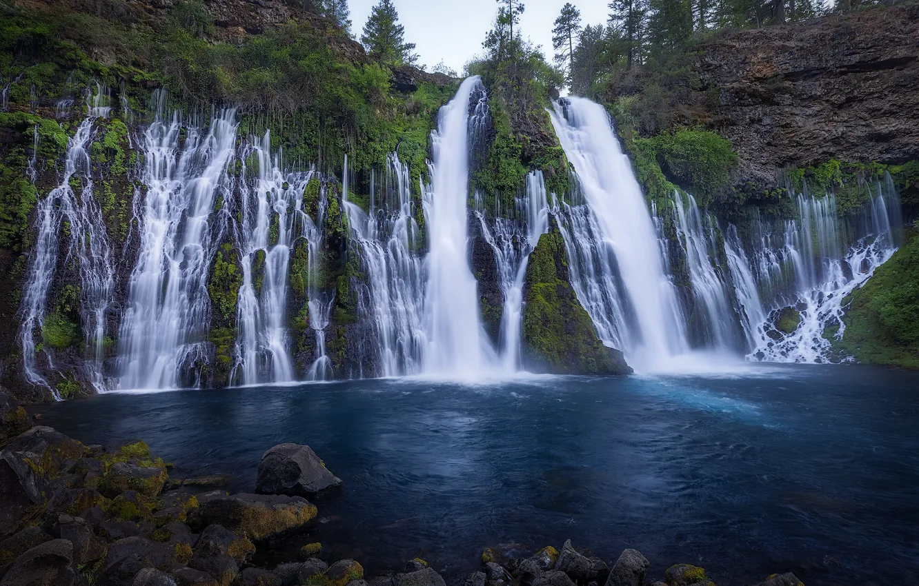 Photo wallpaper river, rocks, waterfall, CA, cascade, California, Burney Falls, Burney Creek