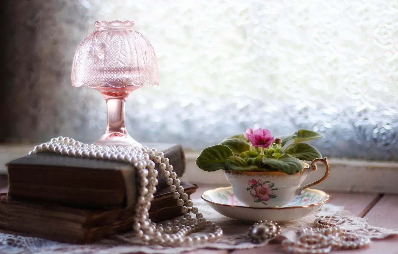 Photo wallpaper flower, decoration, books, lamp, Cup, pearl, beads, still life