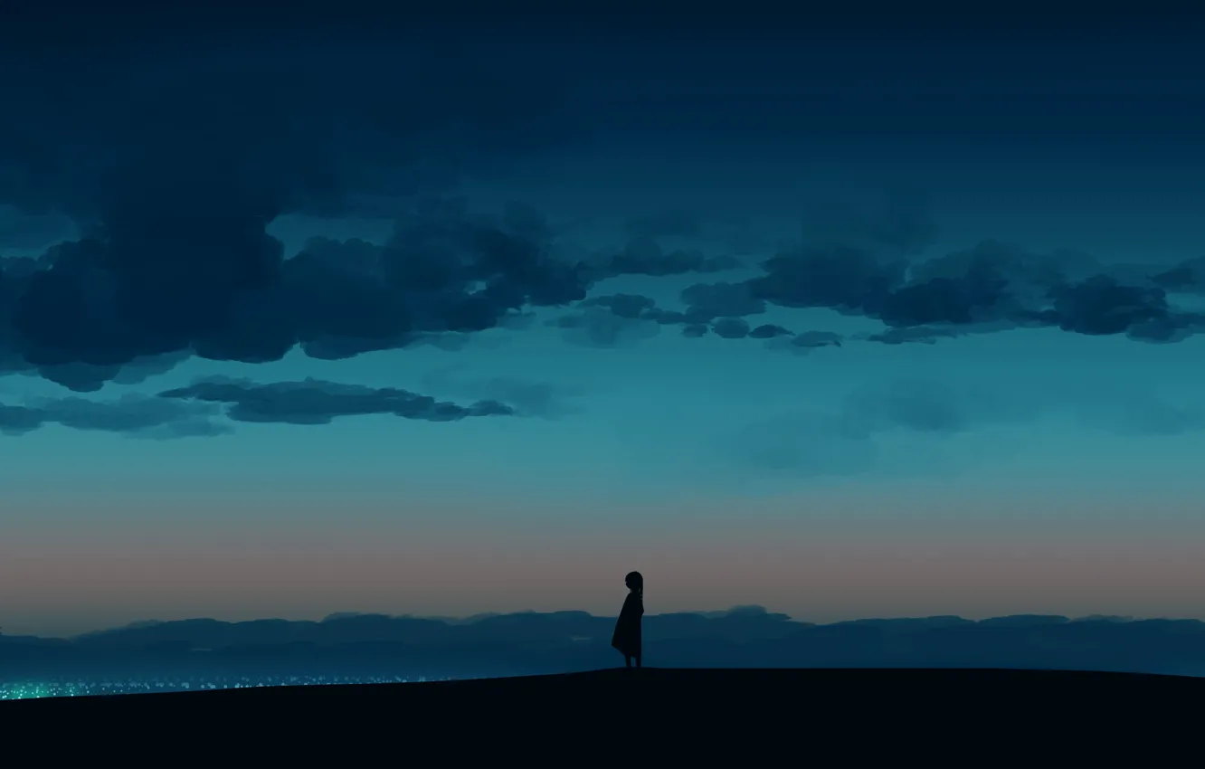 Photo wallpaper the sky, lights, hills, girl, twilight