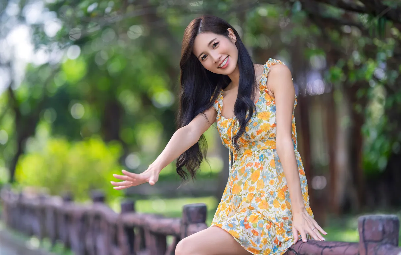 Photo wallpaper look, girl, pose, smile, hands, dress, Asian, long hair