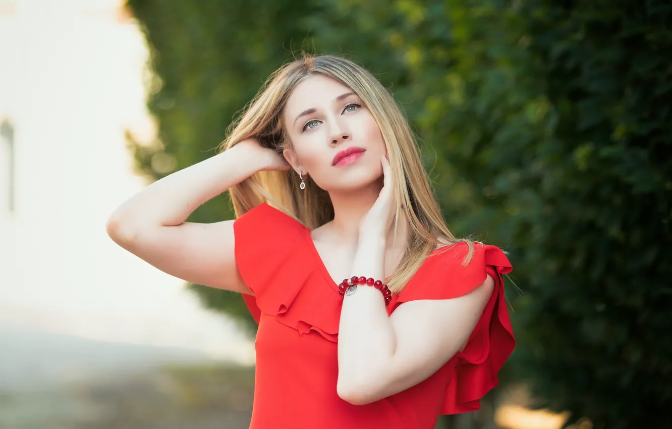 Photo wallpaper look, girl, red, face, sweetheart, dress, Clear