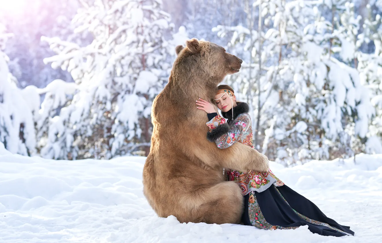 Photo wallpaper winter, frost, forest, girl, light, snow, nature, ate