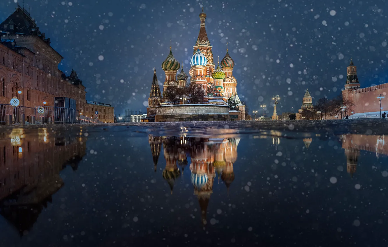 Photo wallpaper snow, reflection, puddle, area, Moscow, Cathedral, temple, St. Basil's Cathedral