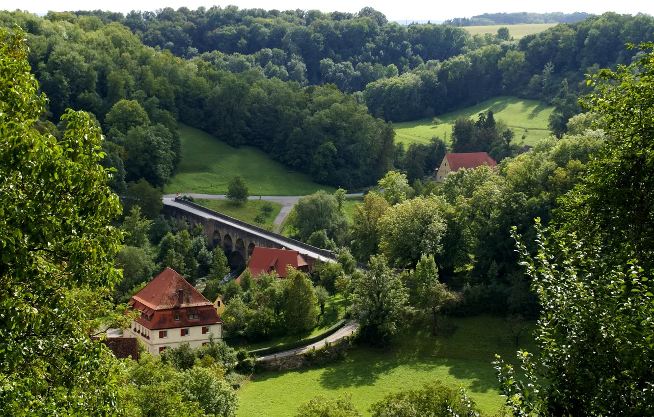 Photo wallpaper road, greens, forest, grass, trees, bridge, home, Germany