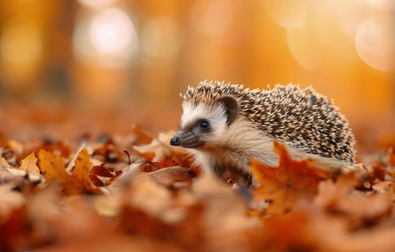 Photo wallpaper autumn, look, leaves, light, nature, glade, foliage, hedgehog