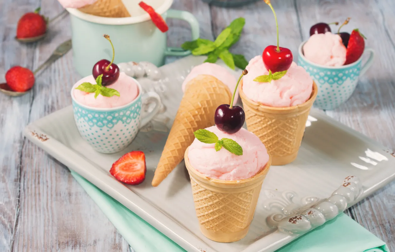 Photo wallpaper cherry, strawberry, ice cream, dessert, strawberry, waffle Cup