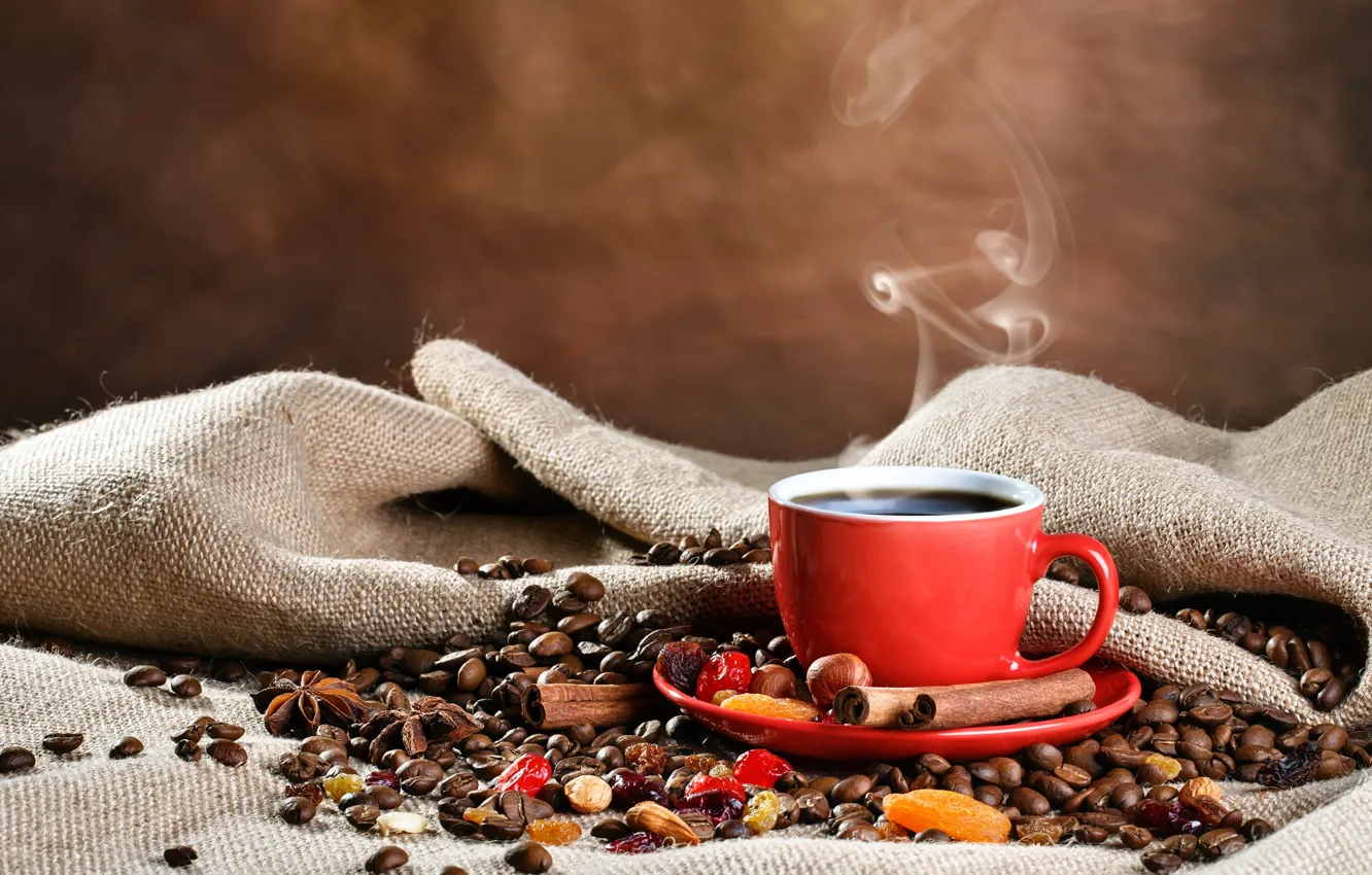 Photo wallpaper coffee, Cup, cinnamon, bag, coffee beans, spices