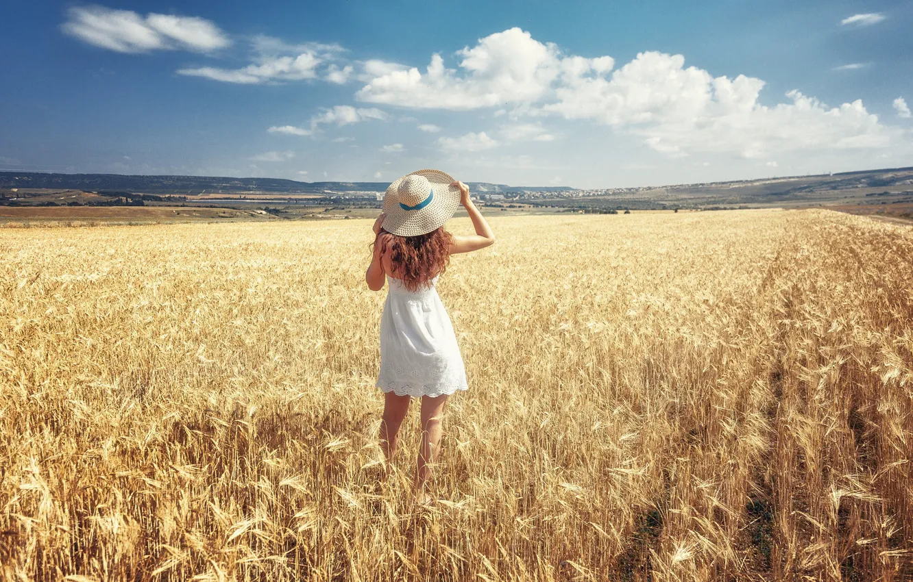 Photo wallpaper field, the sky, girl, the sun, clouds, landscape, pose, hat